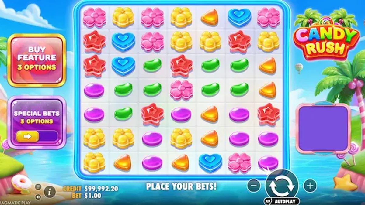 Screenshot ng Candy Rush slot game na nagpapakita ng makulay na 7x7 grid ng mga kendi na may mga multiplier underlay sa isang tropikal na setting.